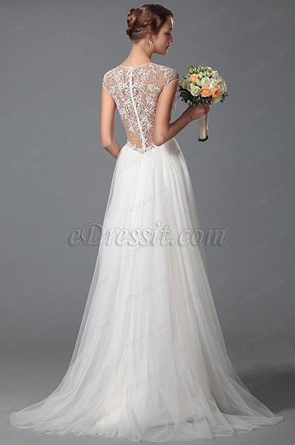 Simple V Cut Lace Beach Embroidery Wedding Gown Bridal Dress