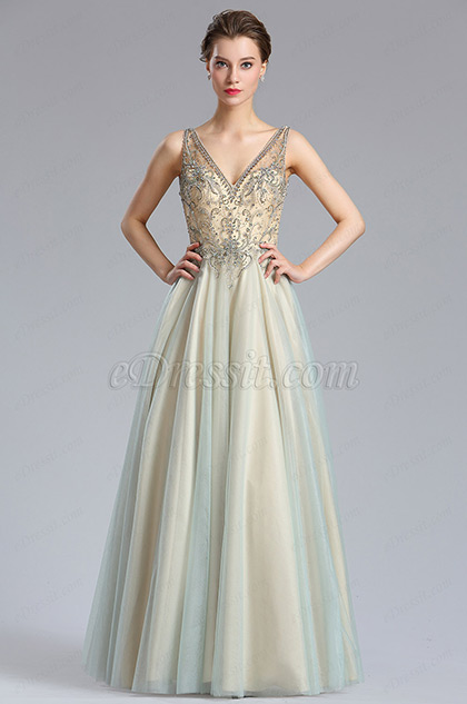 Sparkly V Cut Beaded Women Evening Dresses