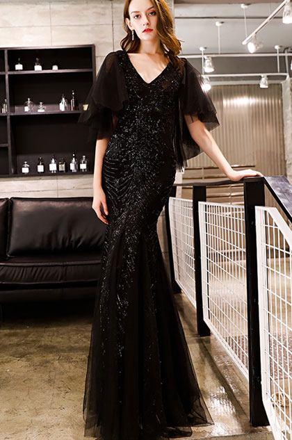 black sequin ball gown