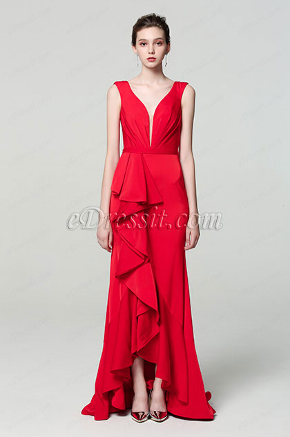 Vestido de Fiesta con Volante en V Profundo rojo Vestido de Fiesta con Volante en V Profundo rojo