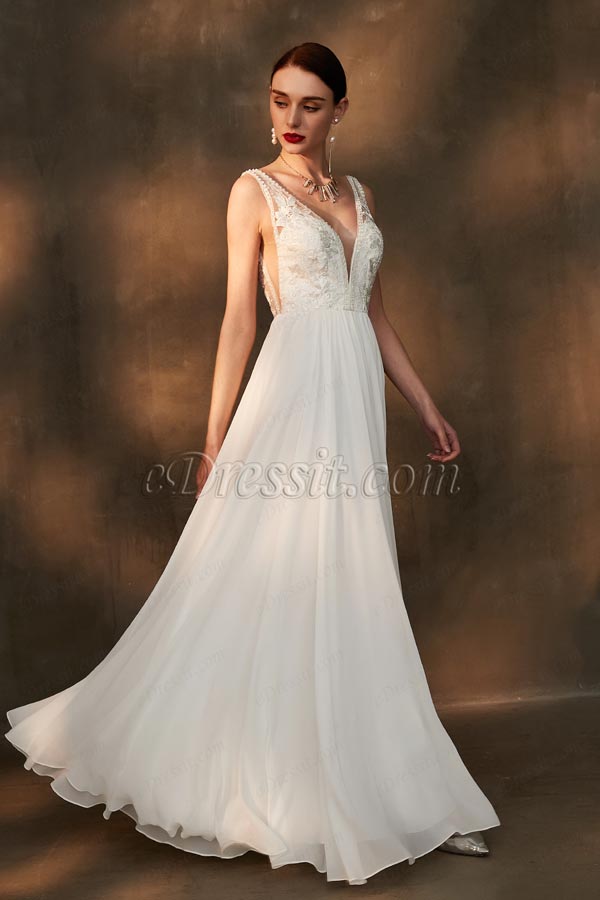 Vestido de novia de novia con tirantes en V profundos Vestido de novia de novia con tirantes en V profundos