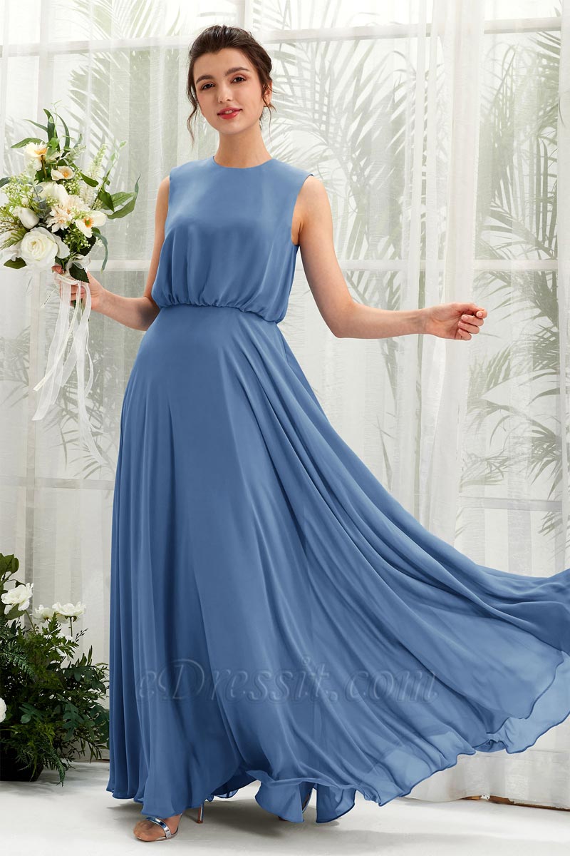 Robe demoiselle d’honneur A‑line en mousseline à encolure ronde sans manches et longueur au sol pour mariage Robe demoiselle d’honneur A‑line en mousseline à encolure ronde sans manches et longueur au sol pour mariage