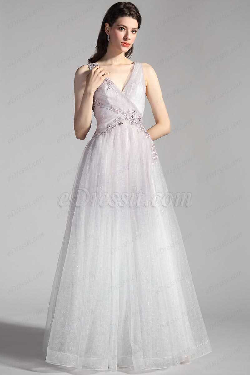 vestido de noche cruzado de tul brillante con corte en V vestido de noche cruzado de tul brillante con corte en V