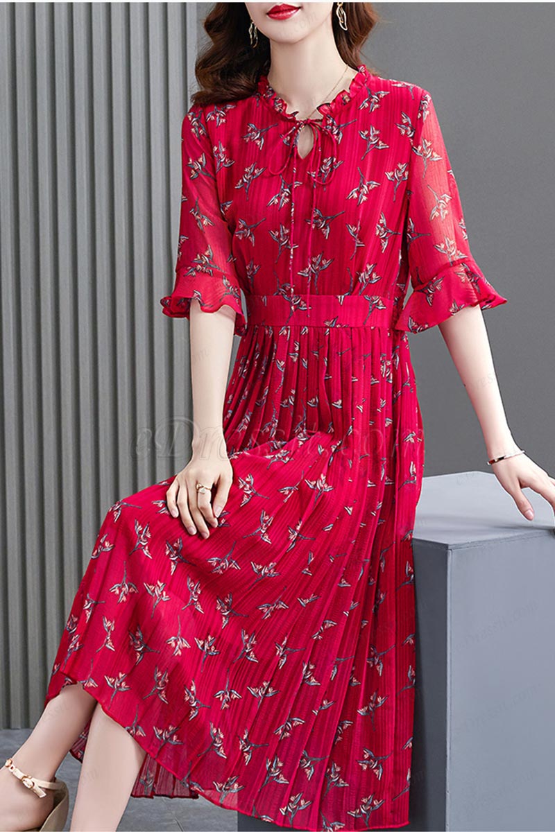 New Red Floral Print Mid Sleeves Summer Holiday Chiffon Dress (T061023)