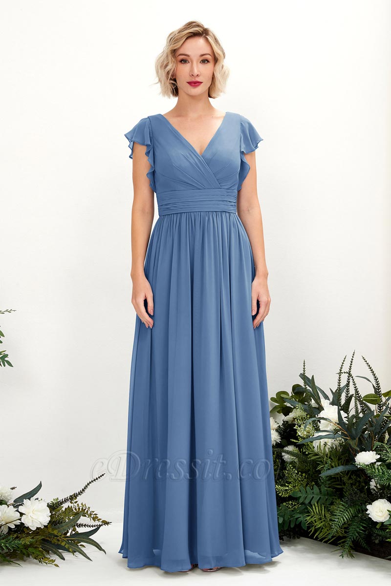 Vestido de dama de honor A‑line de gasa con escote en V, mangas cortas y largo hasta el suelo para boda Vestido de dama de honor A‑line de gasa con escote en V, mangas cortas y largo hasta el suelo para boda