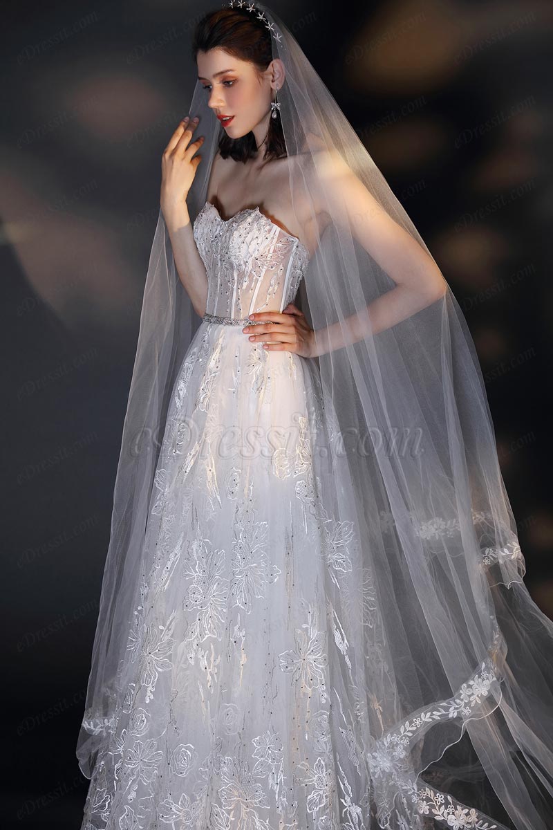 Vestido de novia de tul blanco con velo largo y encaje de novia Vestido de novia de tul blanco con velo largo y encaje de novia