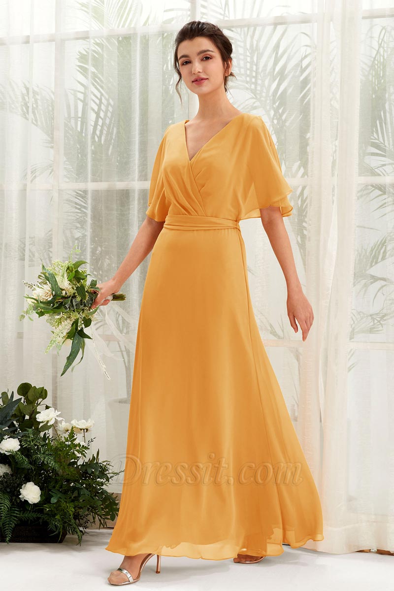 A‑Linien Chiffon V‑Ausschnitt Kurzarm bodenlanges Brautjungfernkleid für Hochzeiten A‑Linien Chiffon V‑Ausschnitt Kurzarm bodenlanges Brautjungfernkleid für Hochzeiten