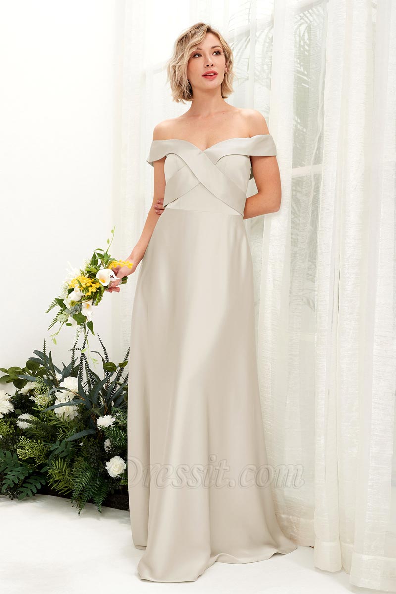 Robe demoiselle d’honneur A‑line en satin avec épaules dénudées, manches courtes et longueur au sol pour mariage