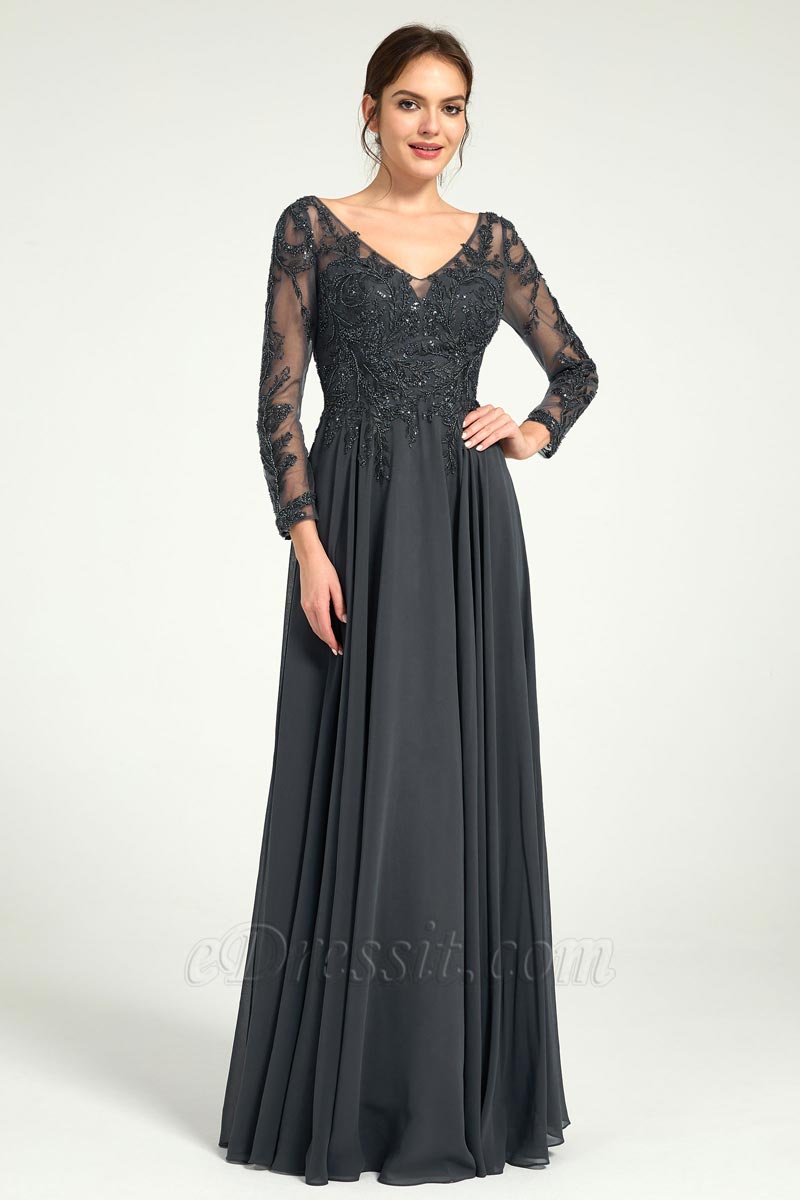 Robe Mère de la Mariée à Manches Longues Brodée en Charbon Robe Mère de la Mariée à Manches Longues Brodée en Charbon