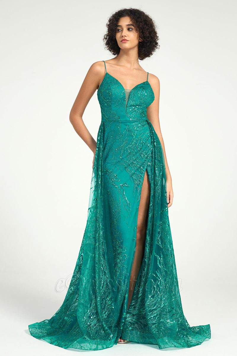 Emerald Sequin Tulle Mermaid Dress with Strappy Back & Sweep Train Emerald Sequin Tulle Mermaid Dress with Strappy Back & Sweep Train