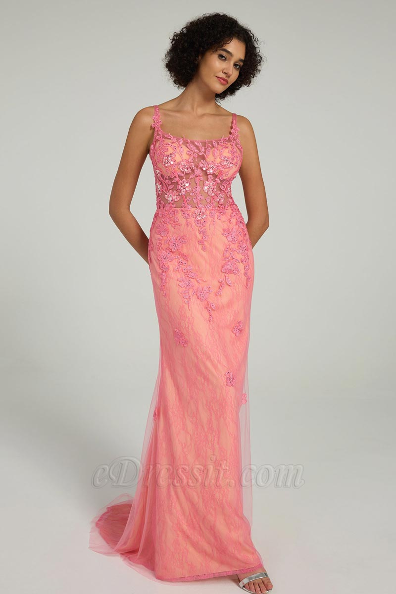 Robe de Soirée en Sirène Corail en Dentelle avec Strass et Bretelles Robe de Soirée en Sirène Corail en Dentelle avec Strass et Bretelles