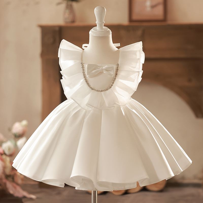 Princess Square Tea Length Satin Flower Girl Dress in White Princess Square Tea Length Satin Flower Girl Dress in White