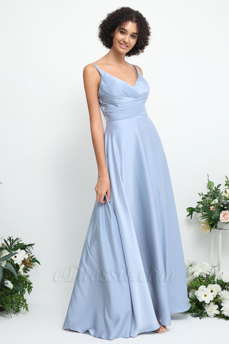 Robe de Soirée Longue A-Ligne En Satin Drapée Avec Encolure En V Robe de Soirée Longue A-Ligne En Satin Drapée Avec Encolure En V