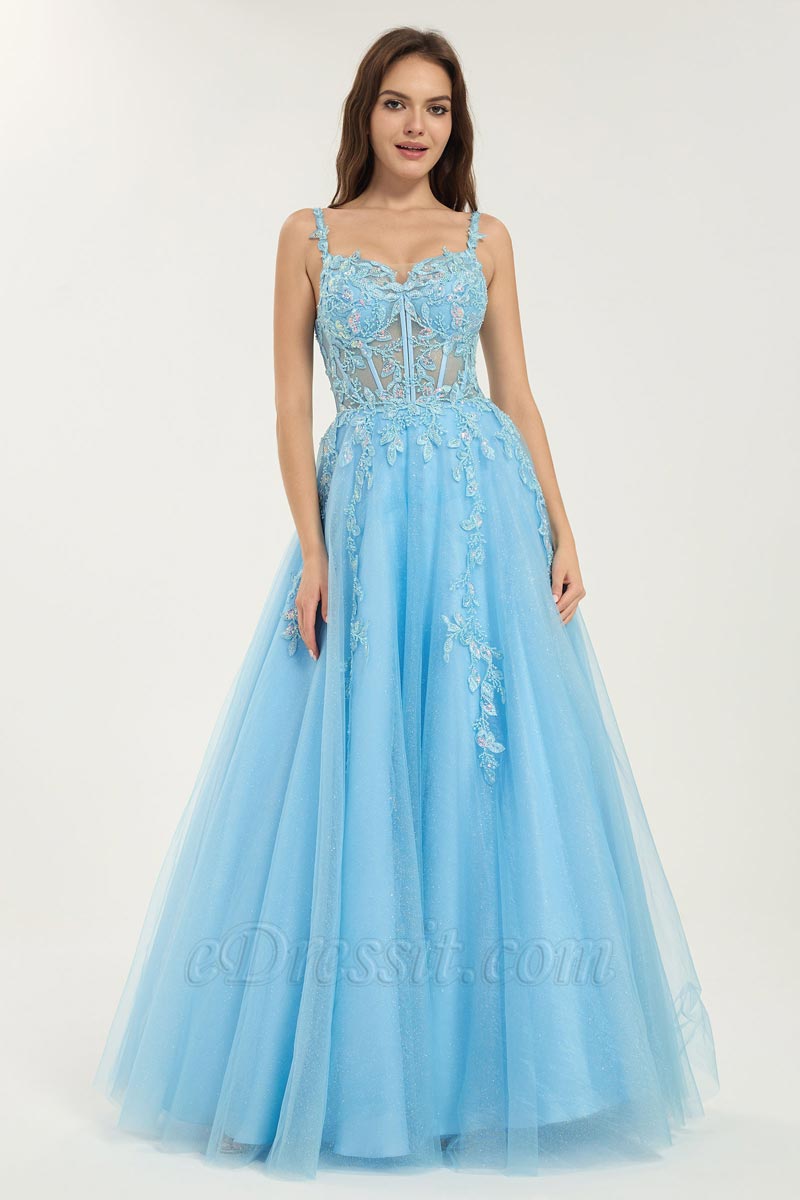 Sky Blue Ball Gown with Sweetheart Neckline and Sequin Floral Sky Blue Ball Gown with Sweetheart Neckline and Sequin Floral