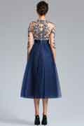 Vestido de noche de cóctel con cuentas bordado azul mangas