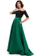 Green Off Shoulder Sleeves Lace&Mikado Long Prom Gown
