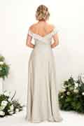 Robe demoiselle d’honneur A‑line en satin avec épaules dénudées, manches courtes et longueur au sol pour mariage