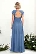 Vestido de dama de honor A‑line de gasa con escote en V, mangas cortas y largo hasta el suelo para boda