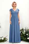 Vestido de dama de honor A‑line de gasa con escote en V, mangas cortas y largo hasta el suelo para boda