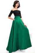 Green Off Shoulder Sleeves Lace&Mikado Long Prom Gown