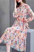 New Pink Floral Printed Chiffon Party Holiday Casual Dress