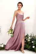 Robe demoiselle d’honneur A‑line en satin avec col rond, sans manches et longueur au sol pour mariage
