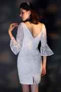 White V-Cut Trumpet Sleeves Hip Step Skirt Party Dress