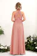 Vestido de dama de honor A‑line de gasa con tirantes halter, sin mangas y largo hasta el suelo para boda