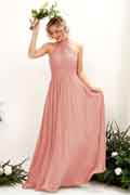 Vestido de dama de honor A‑line de gasa con tirantes halter, sin mangas y largo hasta el suelo para boda