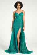 Emerald Sequin Tulle Mermaid Dress with Strappy Back & Sweep Train