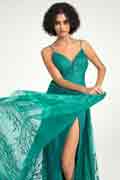 Emerald Sequin Tulle Mermaid Dress with Strappy Back & Sweep Train