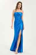 Cowl Neck A-Line Maxi Dress with Waist Pleats and Leg Slit