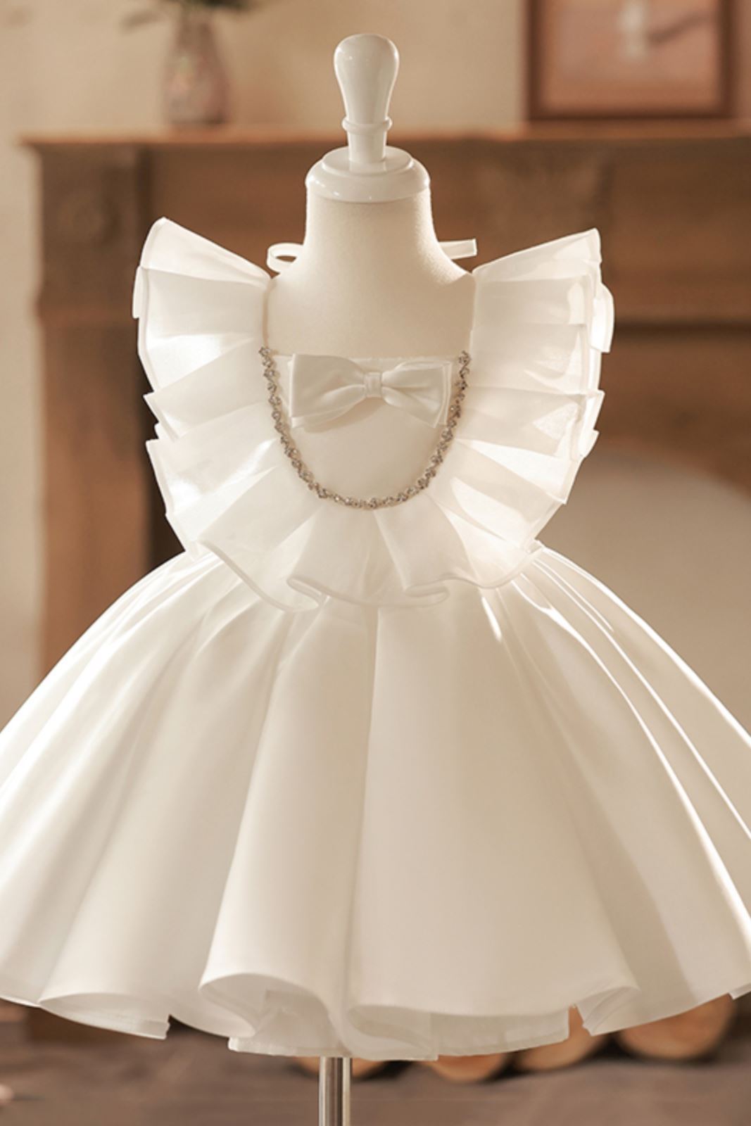 Princess Square Tea Length Satin Flower Girl Dress in White