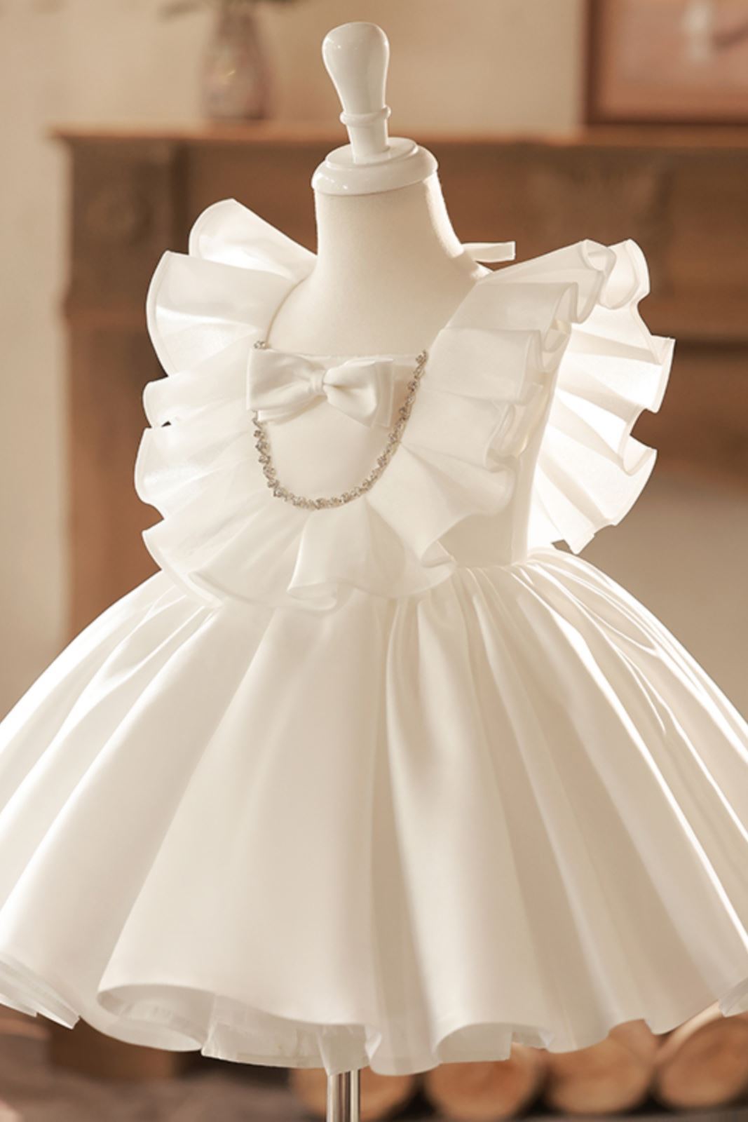 Princess Square Tea Length Satin Flower Girl Dress in White