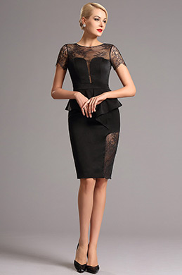 Robe de Journée Vintage Manches Courtes en Dentelle Noir