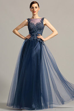 Vestido de Graduación Sin Mangas Espalda Abieta Azul Marino