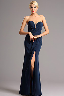 Dunkelblau Ärmellos Korsett Schlitz Abendkleid
