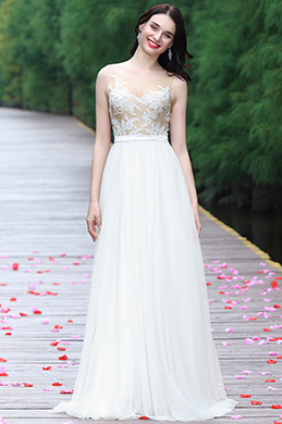 White Sleeveless Embroidered Wedding Dress