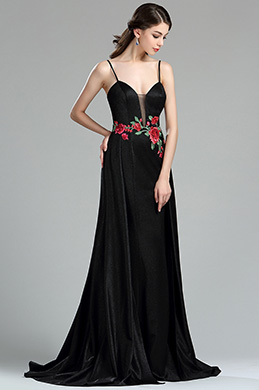 Robe de Soirée Noire sexy à Broderie Florale