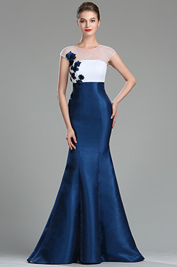 Weiß Blau Meerjungfrau Linie Blumen Abendkleid