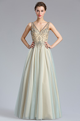 Blinkte V-Ausschnitt Beaded Abendkleid