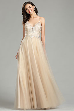 Champagne Spaghetti Straps Evening Prom Dress