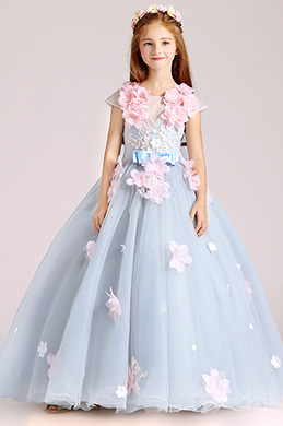 Light Blue Handmade Wedding Flower Girl Party Dress