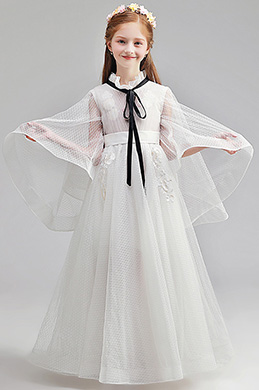 Romantic Long Sleeves White Wedding Flower Girl Dress