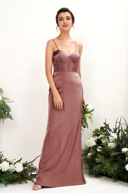 Meerjungfrau Satin Spaghettiträger ärmelloses bodenlanges Brautjungfernkleid für Hochzeiten