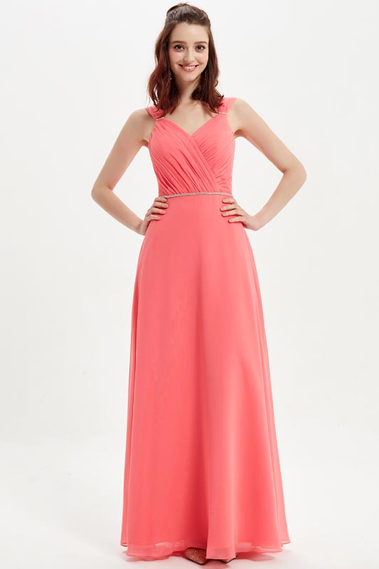 Sexy V-Cut Straps Beads Waistbelt Bridesmaid Dress