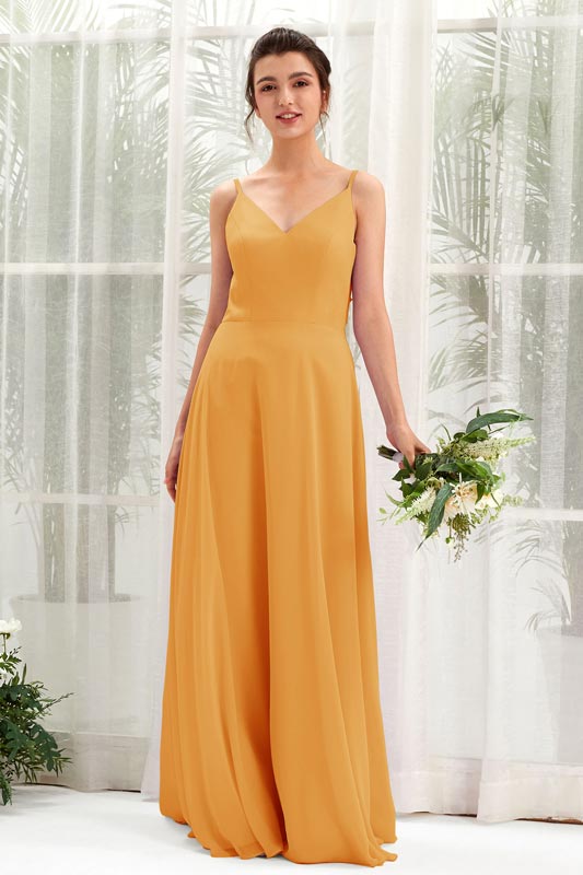 Vestido de dama de honor A‑line de gasa con tirantes finos, sin mangas y largo hasta el suelo para boda