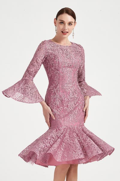 Round Neck Trumpet Sleeves Lace Applique Party Dress