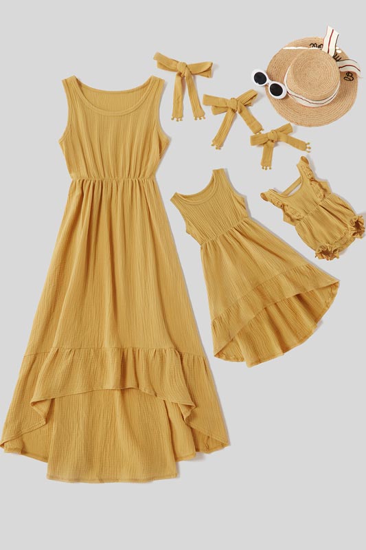 Mommy and Me Summer Sleeveless Matching Maxi Dresses Outfit with Headb