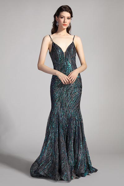 Vestido de noche de sirena con cuentas de espagueti